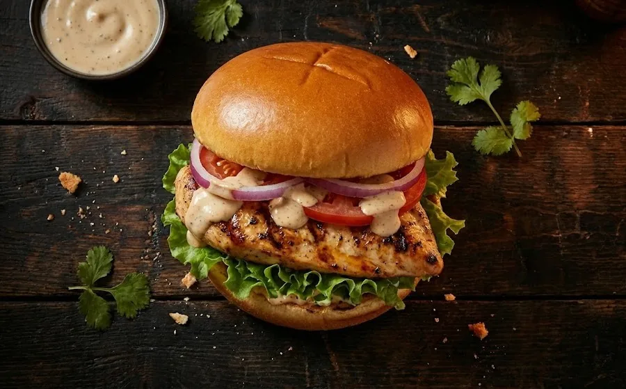 Bun Island signature crispy chicken patty burger